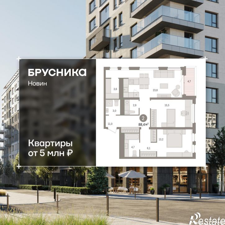 3-комн квартира в новом доме жилой комплекс Квартал Новин, 5